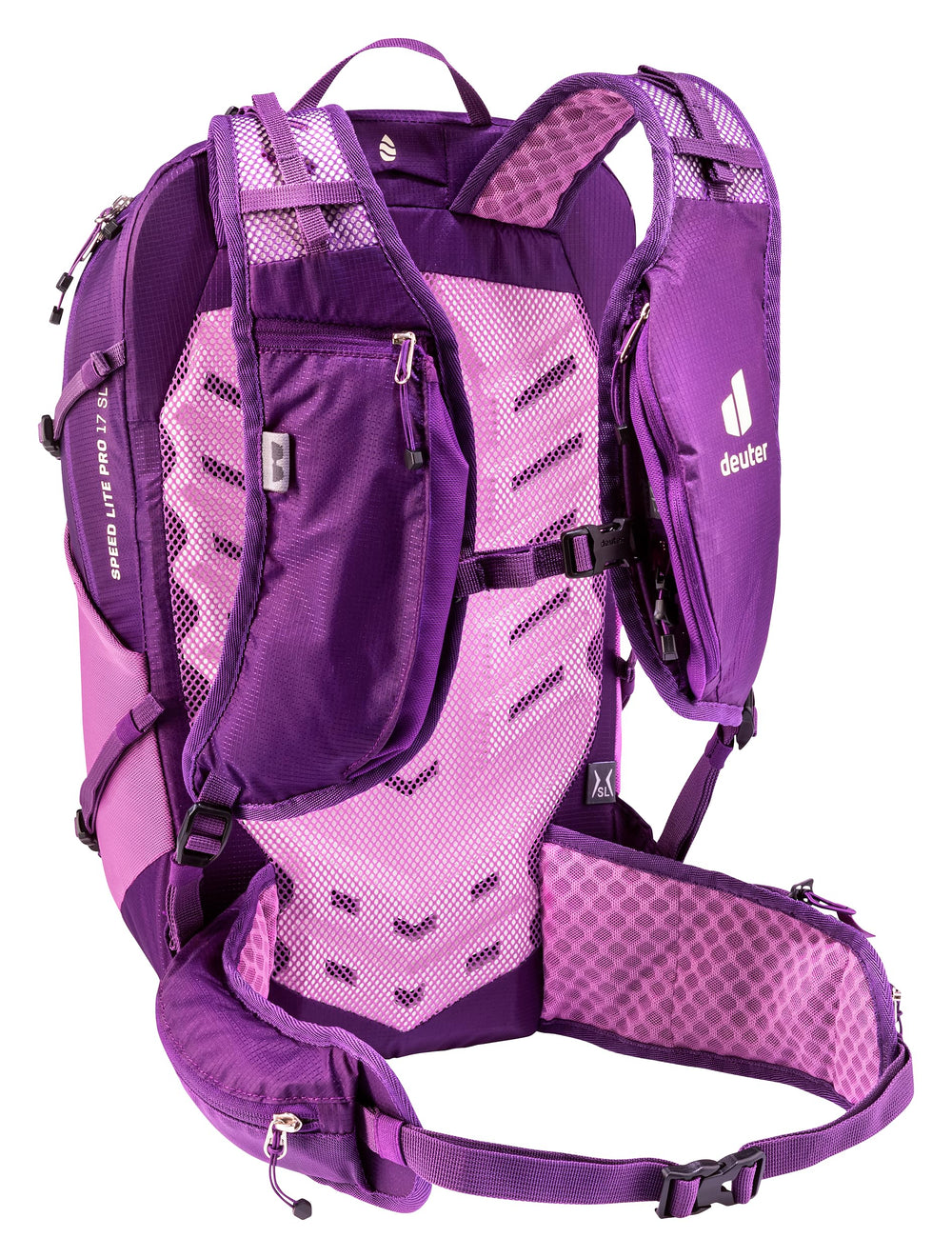 Deuter Speed Lite Pro 17L SL hip fins provide secure stability on rugged trails.
