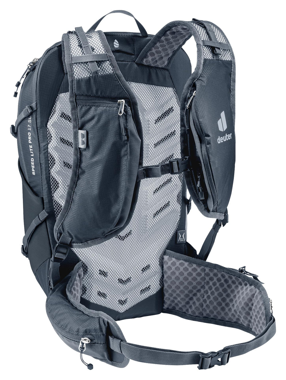 Deuter Speed Lite Pro 17L SL quick-access pockets for energy snacks and essentials.