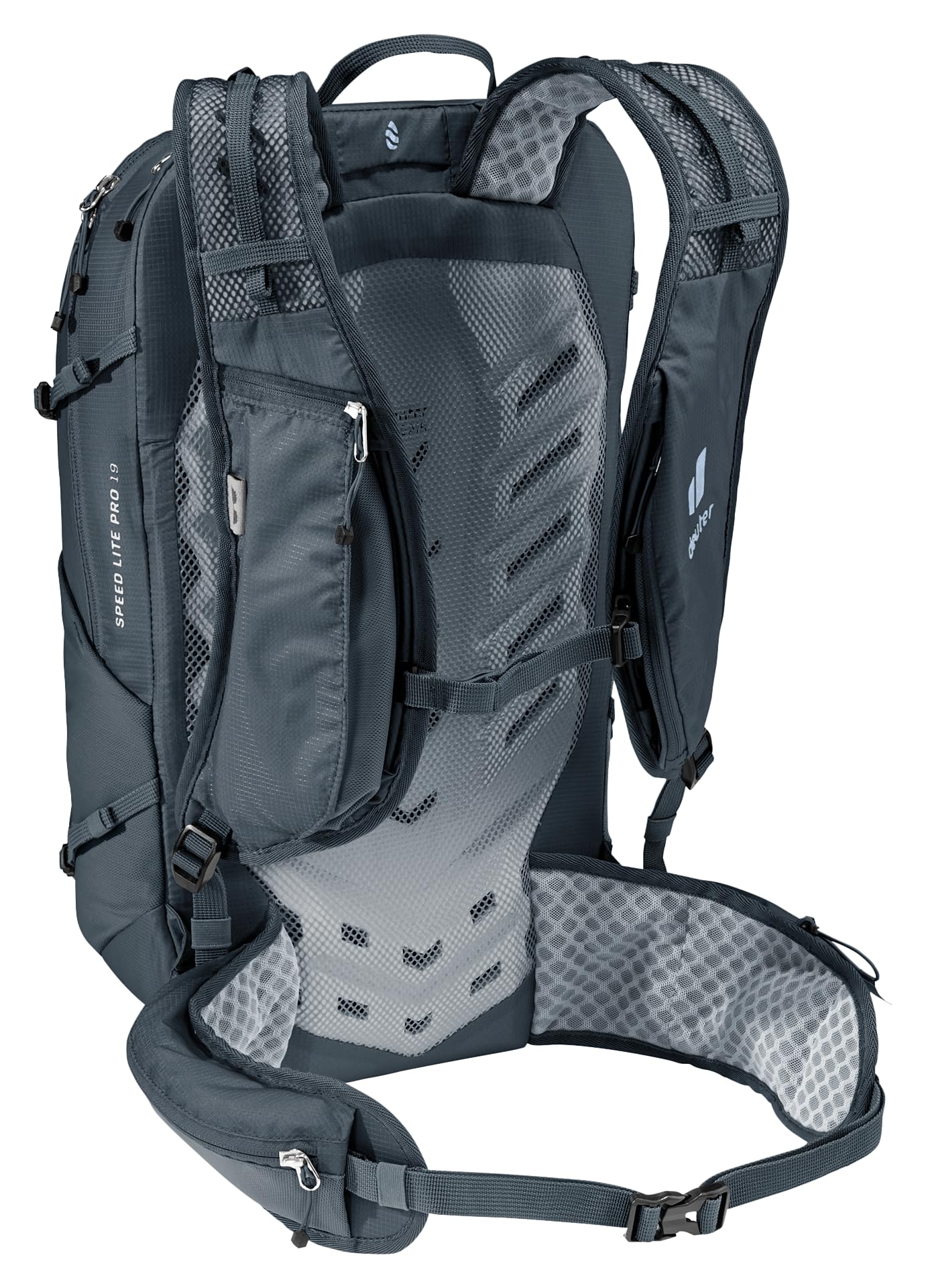 Deuter Speed Lite Pro 19L strap detail highlights ergonomic fit.