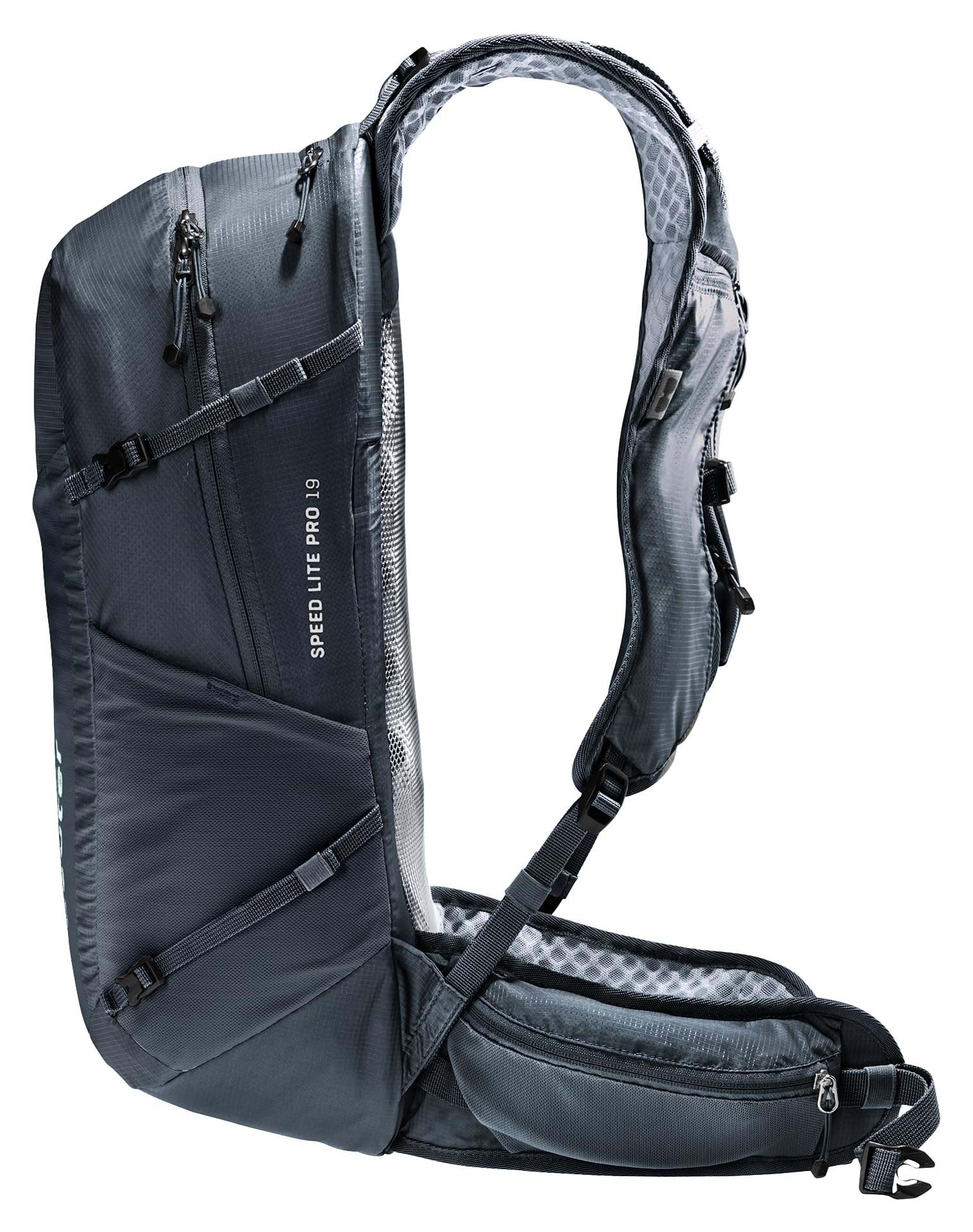 Deuter Speed Lite Pro 19L trekking pole attachments in use.