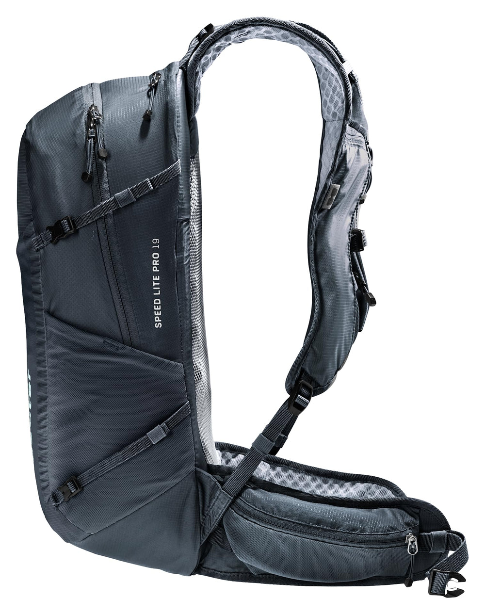Deuter Speed Lite Pro 19L trekking pole attachments in use.
