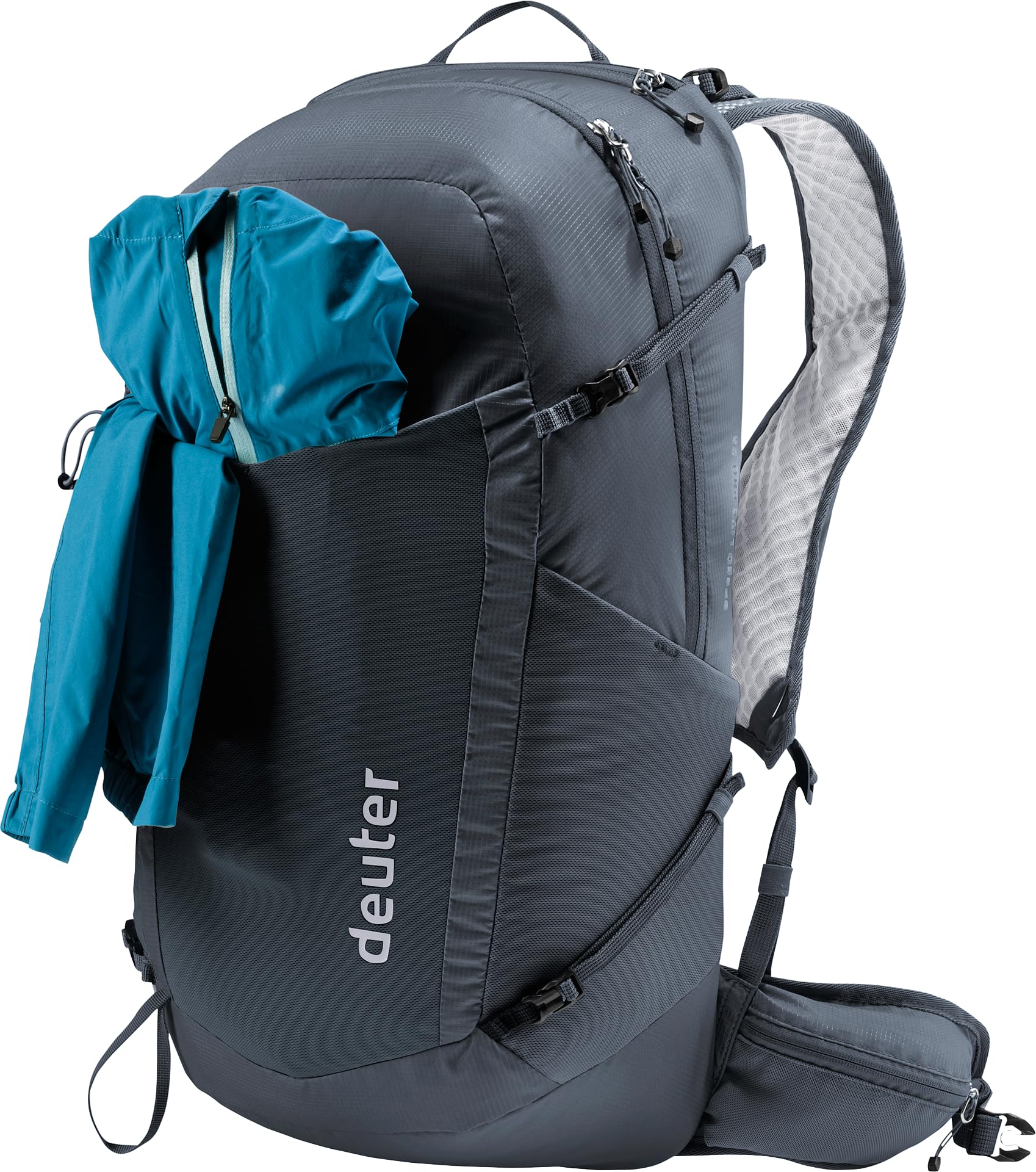 Trekking pole attachment on Deuter Speed Lite Pro 25L in use