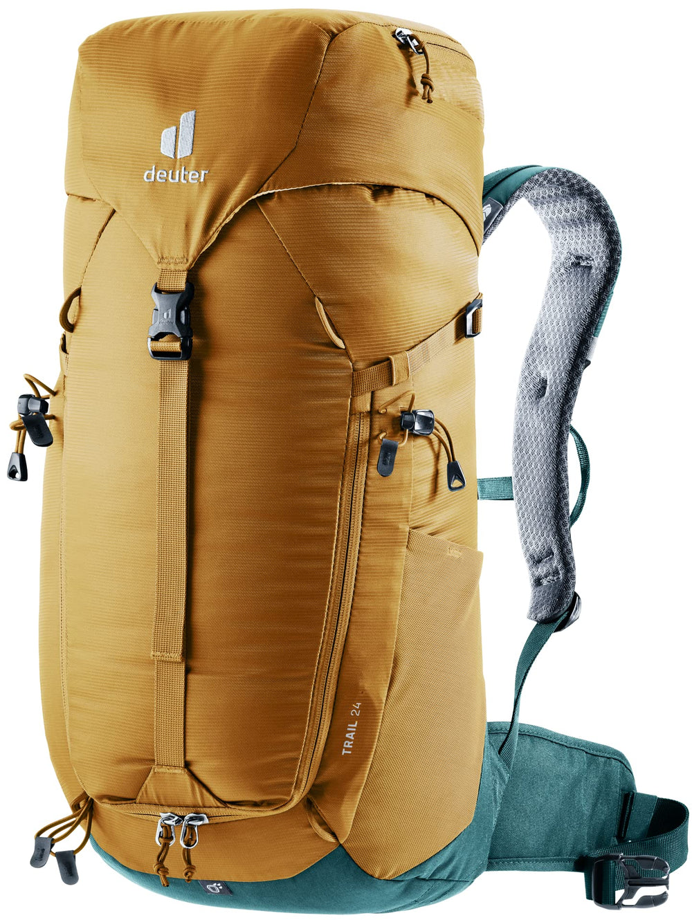 Deuter Trail 24L backpack on trail demonstrates stable, comfortable hiking carry.