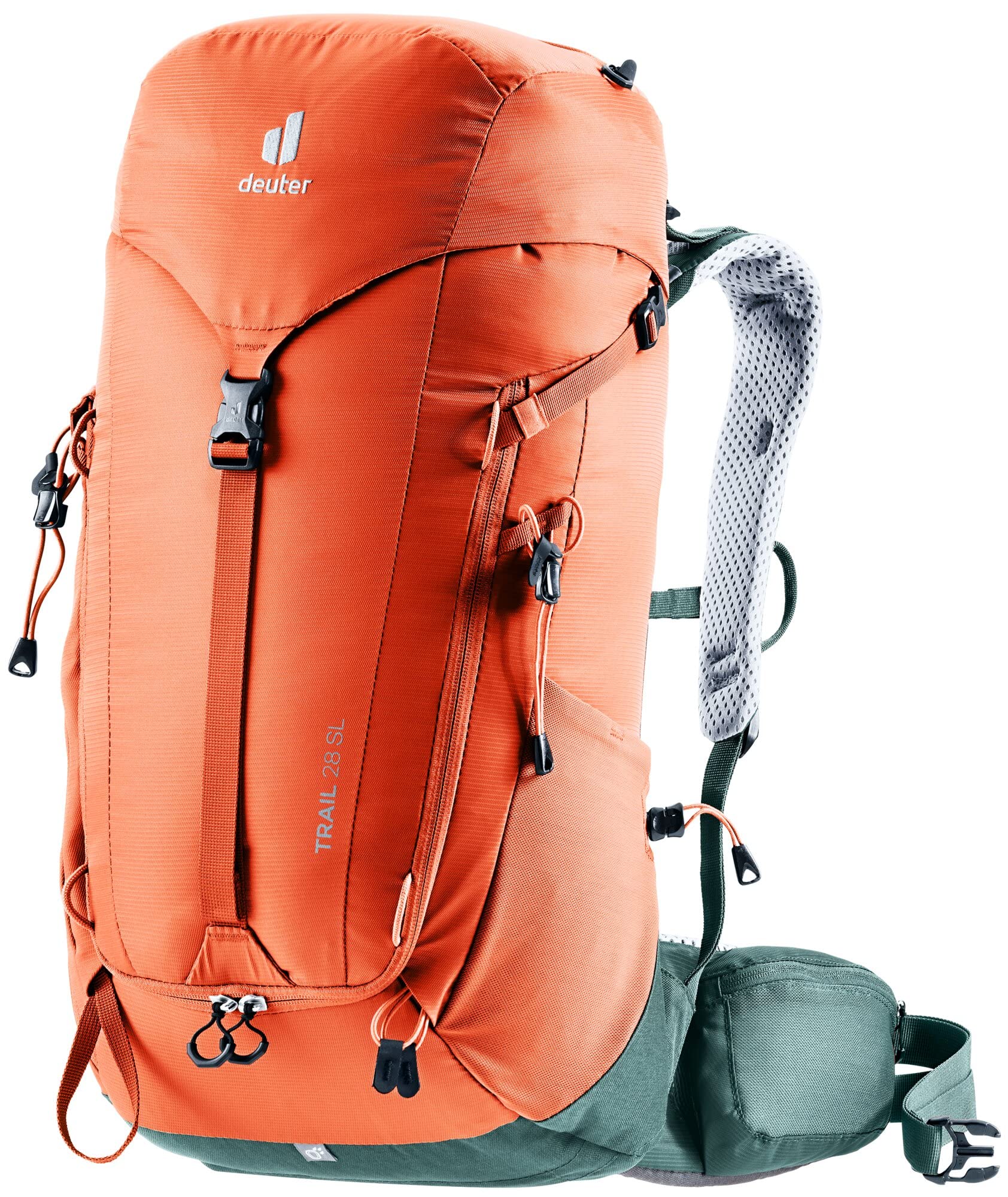 Deuter Trail 28 SL strap detail with carabiner clips on shoulders