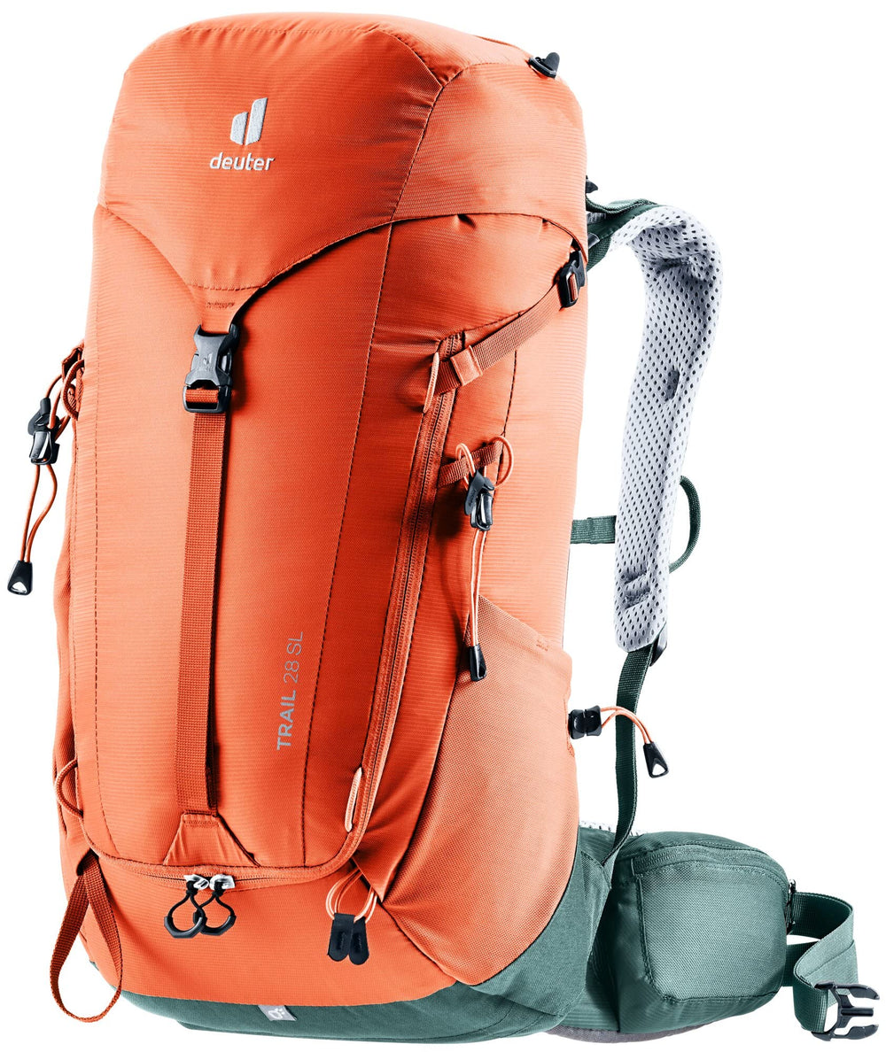 Deuter Trail 28 SL strap detail with carabiner clips on shoulders