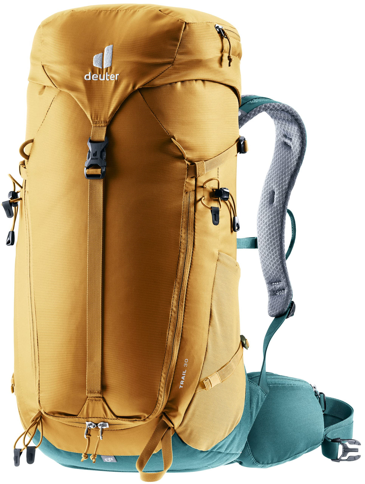 Deuter Trail 30L backpack front view showing narrow fit for hiking and biking