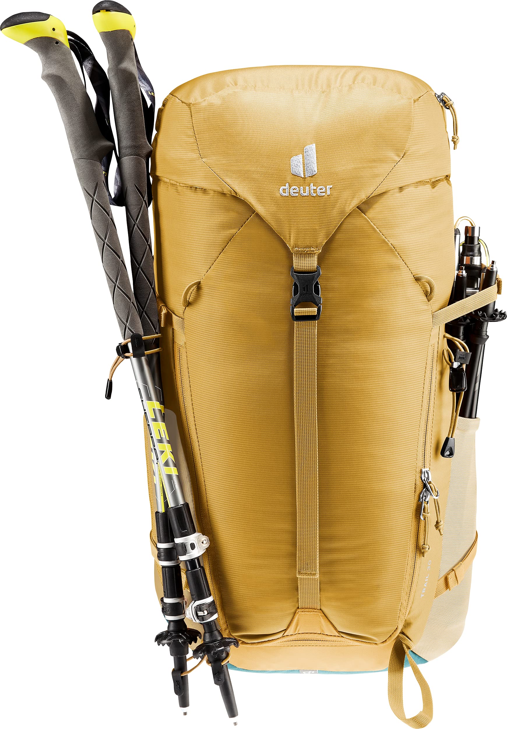 Deuter Trail 30L helmet attachment and trekking pole holder in use