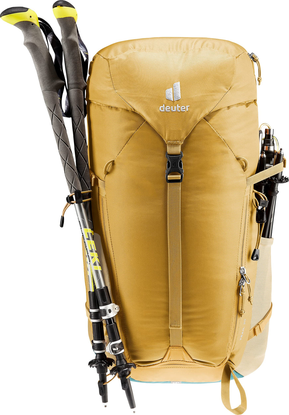 Deuter Trail 30L helmet attachment and trekking pole holder in use