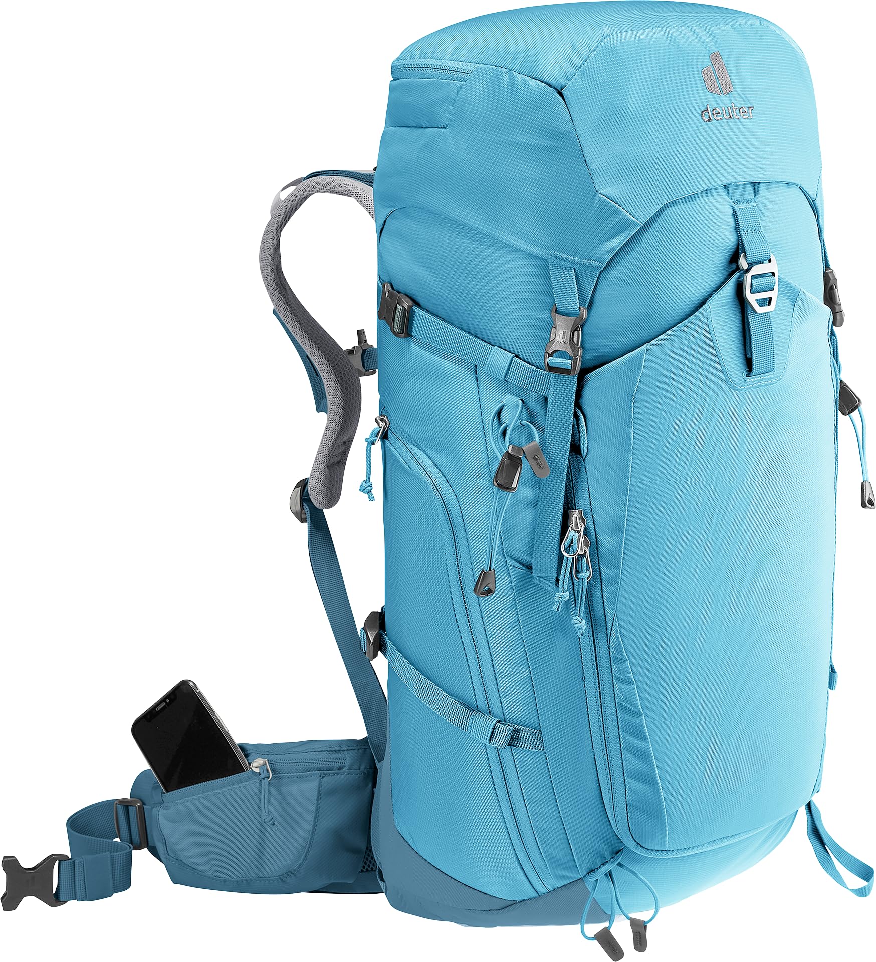 Deuter Trail Pro 34 SL women's backpack ice axe attachment point in use.