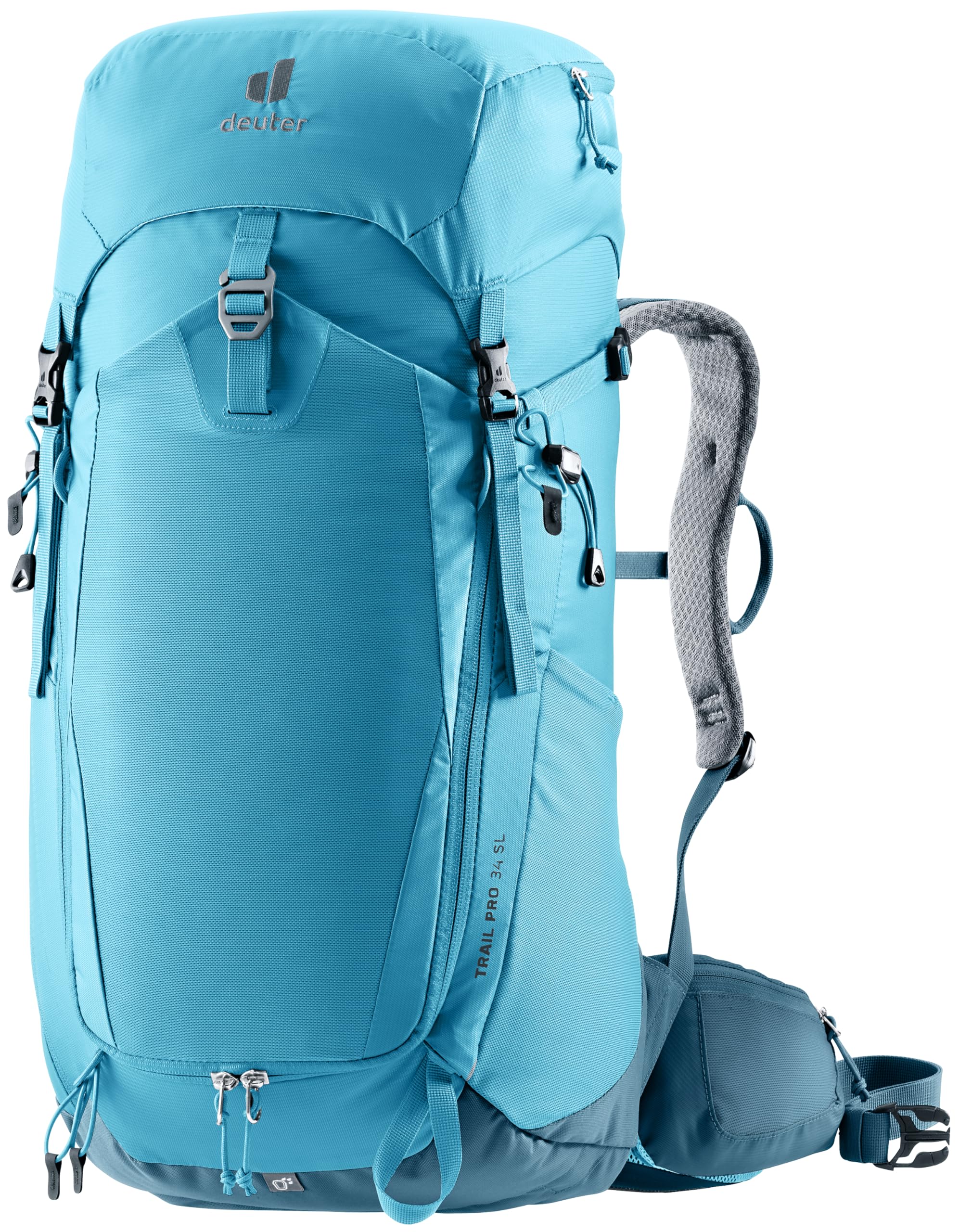 Deuter Trail Pro 34 SL women's backpack front view shows ergonomic fit for long hikes.