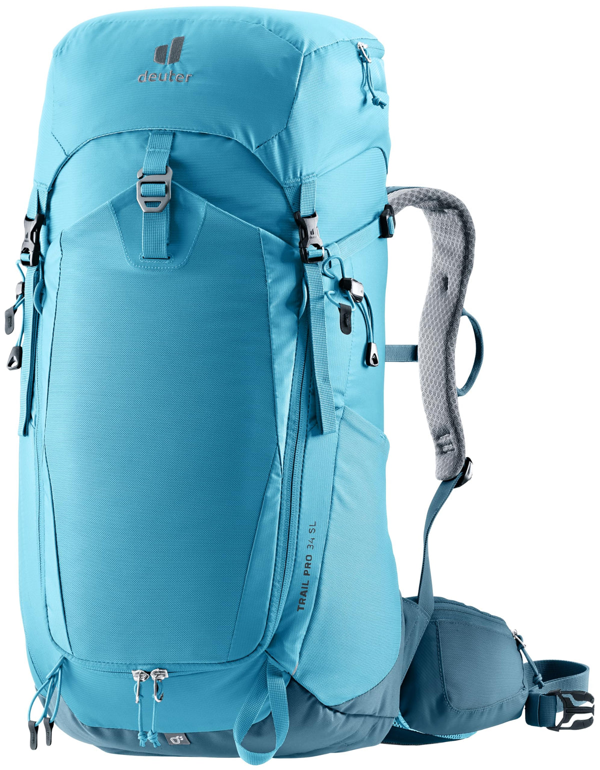 Deuter Trail Pro 34 SL women's backpack front view shows ergonomic fit for long hikes.