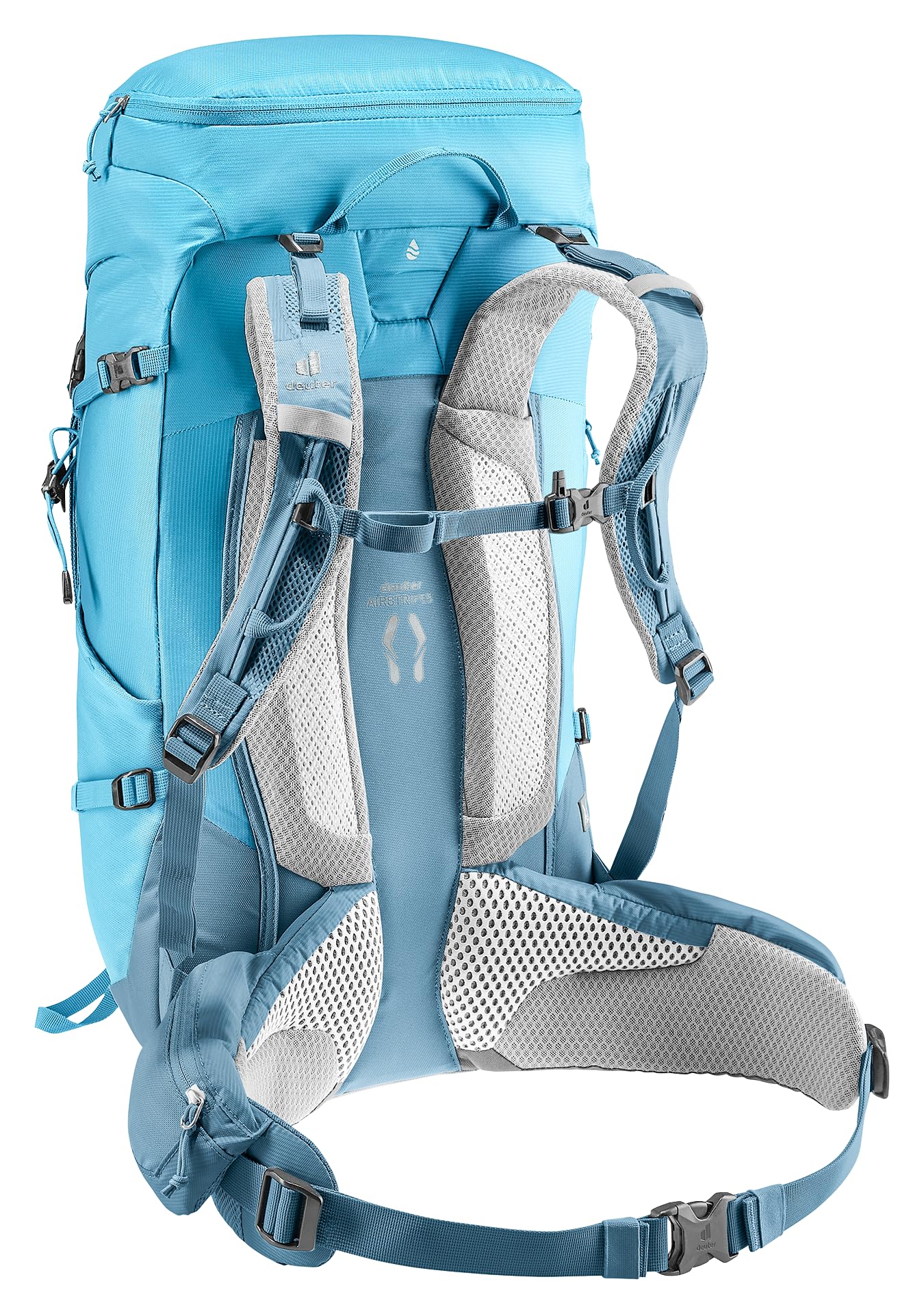 Deuter Trail Pro 34 SL women's backpack trekking pole attachment system in use.