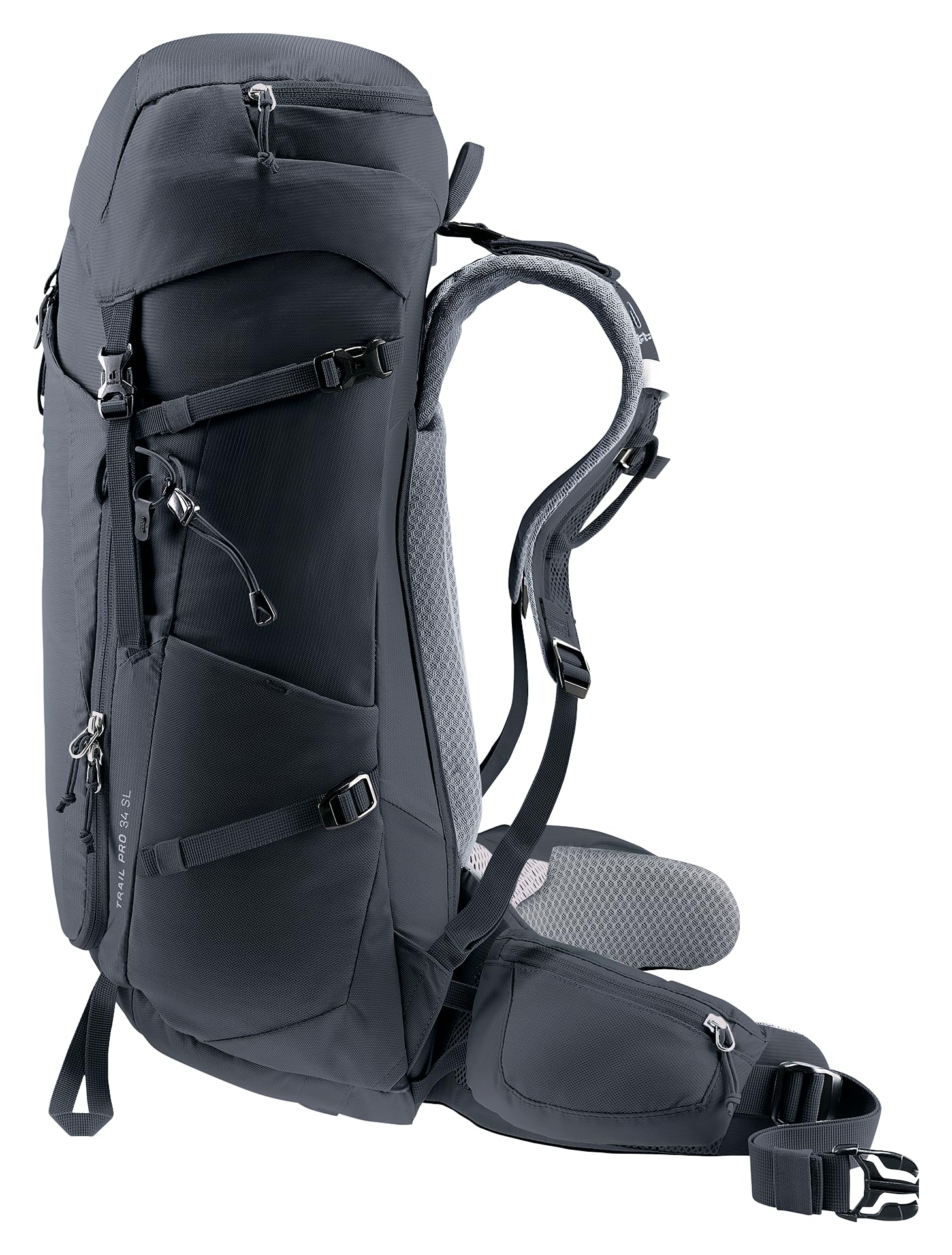 Deuter Trail Pro 34L SL adjustable hip fins for secure on-trail stability.