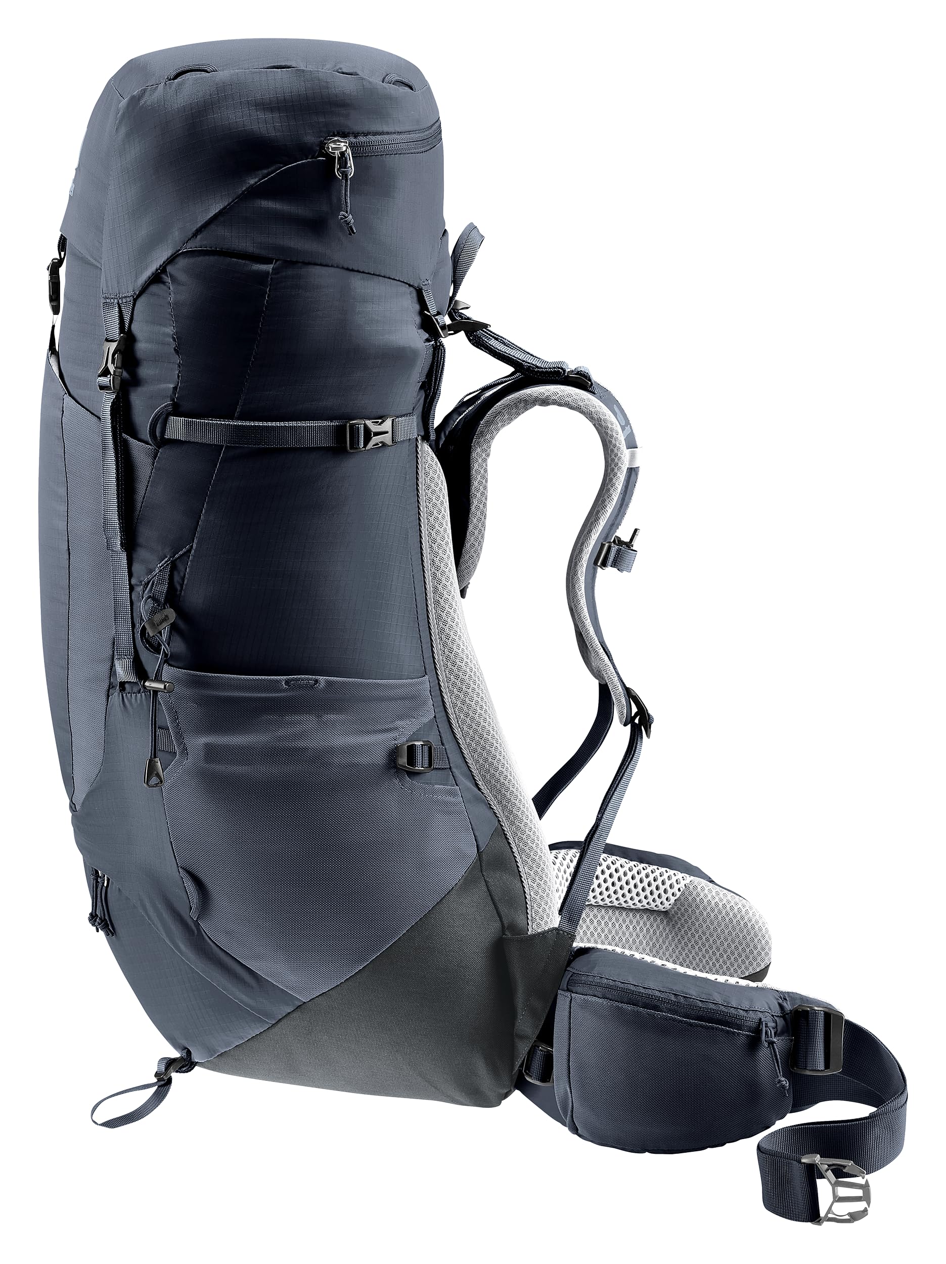 Deuter Women’s Aircontact Lite 45 + 10 SL expandable lid increases capacity.