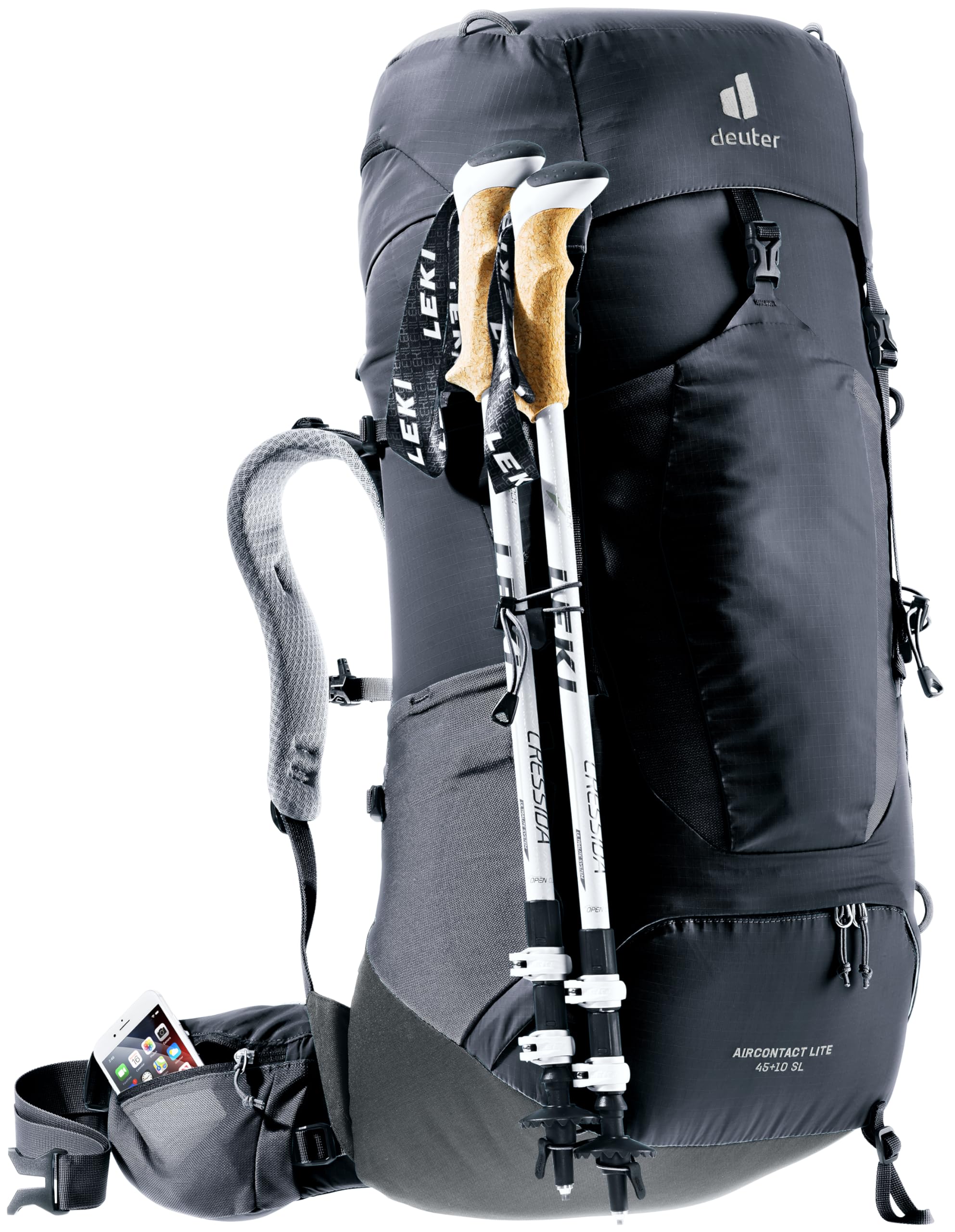 Deuter Women’s Aircontact Lite 45 + 10 SL ice axe/pole attachment for versatility.