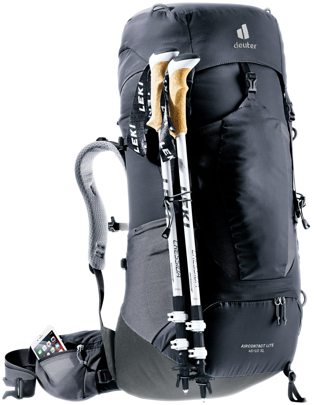 Deuter Women’s Aircontact Lite 45 + 10 SL ice axe/pole attachment for versatility.