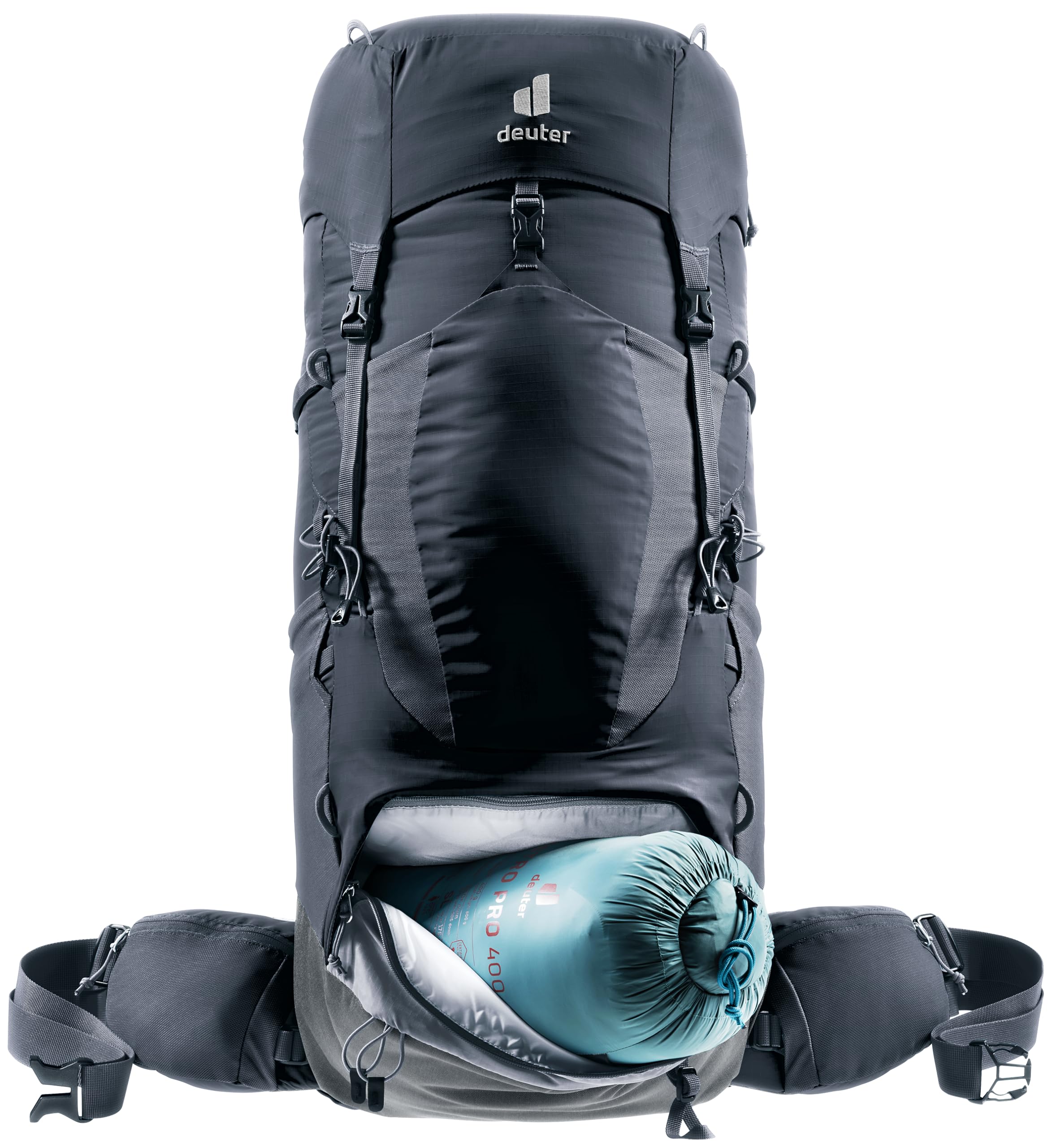 Deuter Women’s Aircontact Lite 45 + 10 SL removable rain cover protects gear.