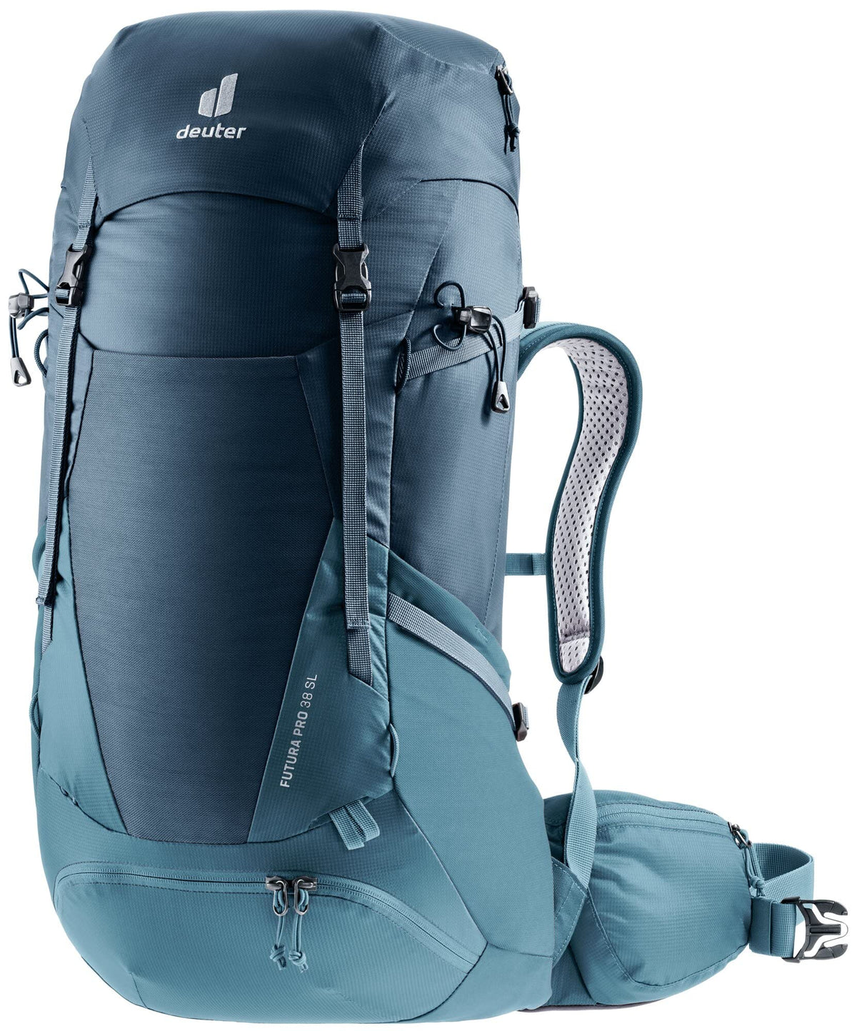 Deuter Women's Futura Pro 38 SL backpack front view showing ergonomic design for comfortable wear