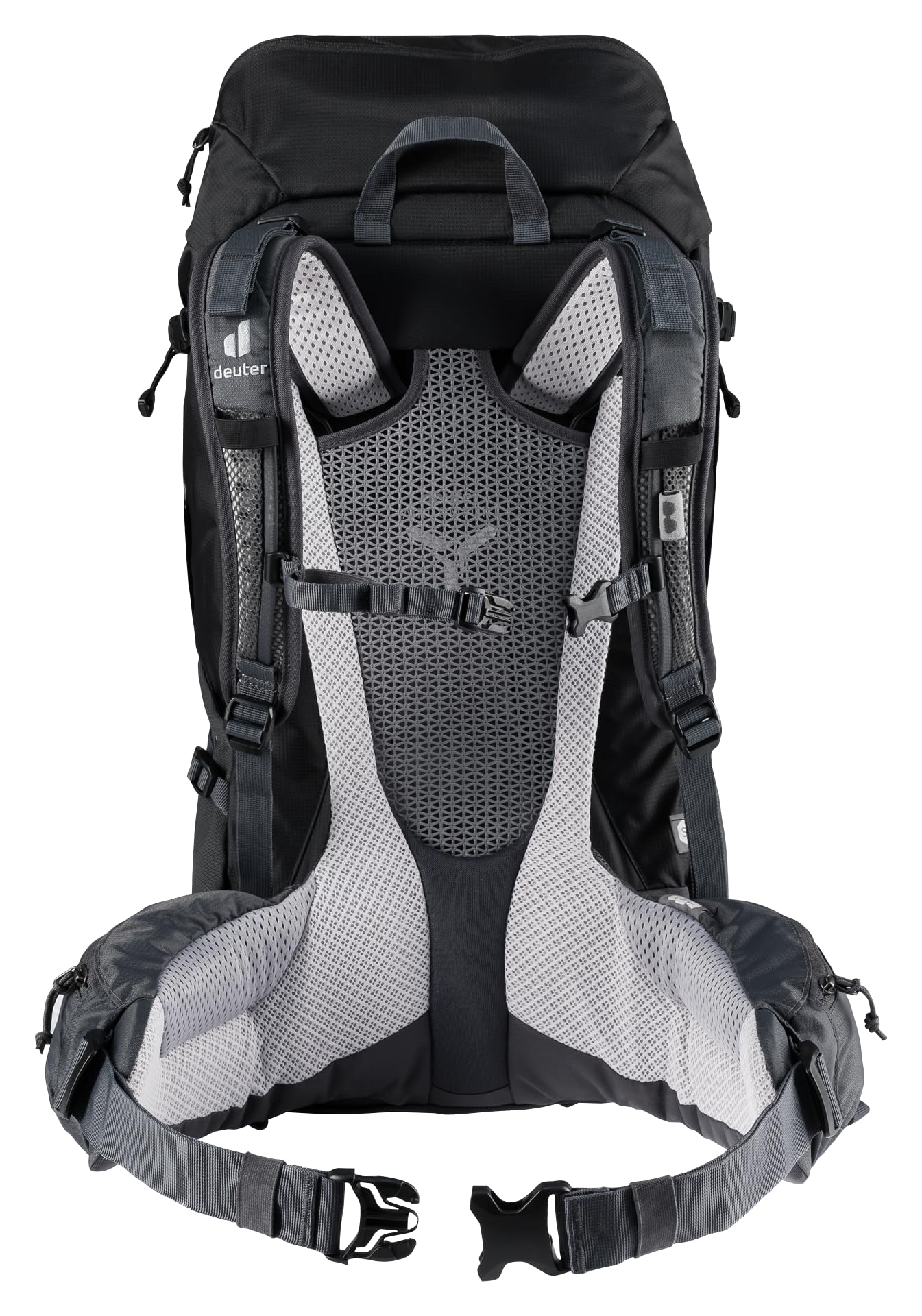 Deuter Futura Pro 38 SL hip fins flex with movement for comfortable carrying.