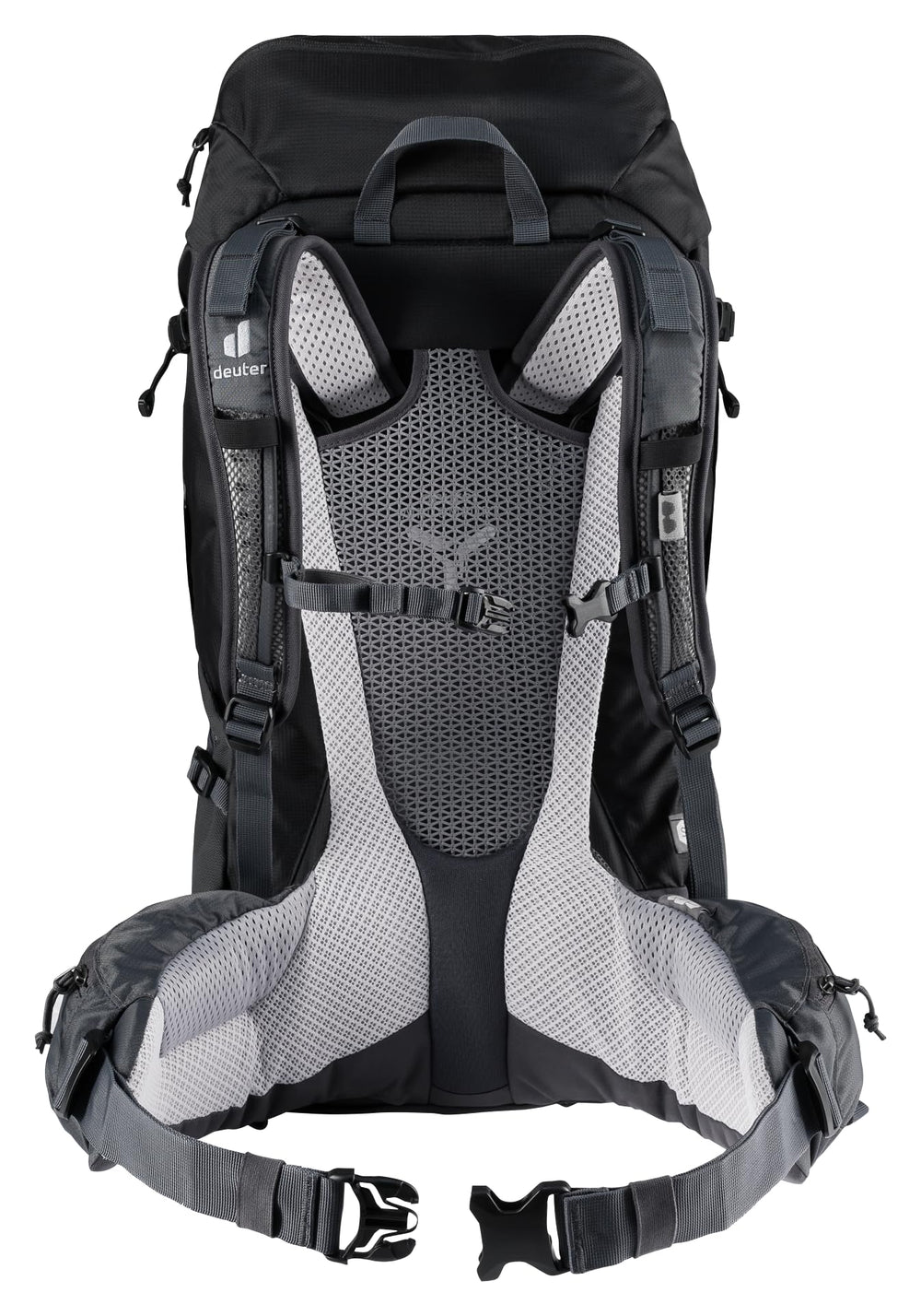 Deuter Futura Pro 38 SL hip fins flex with movement for comfortable carrying.