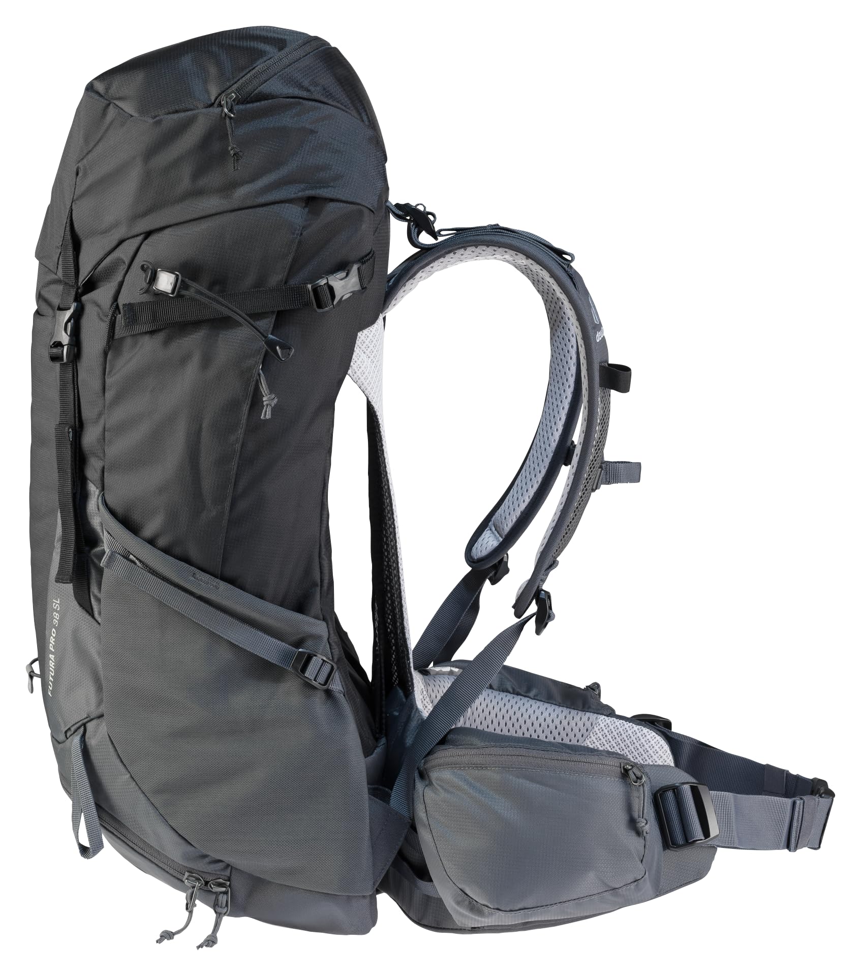 Deuter Futura Pro 38 SL load adjustment straps help achieve a balanced load.