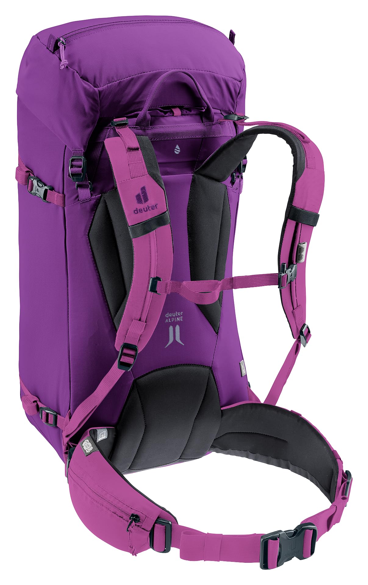 Deuter Guide 32+8L ice axe and pole attachments for alpine gear.