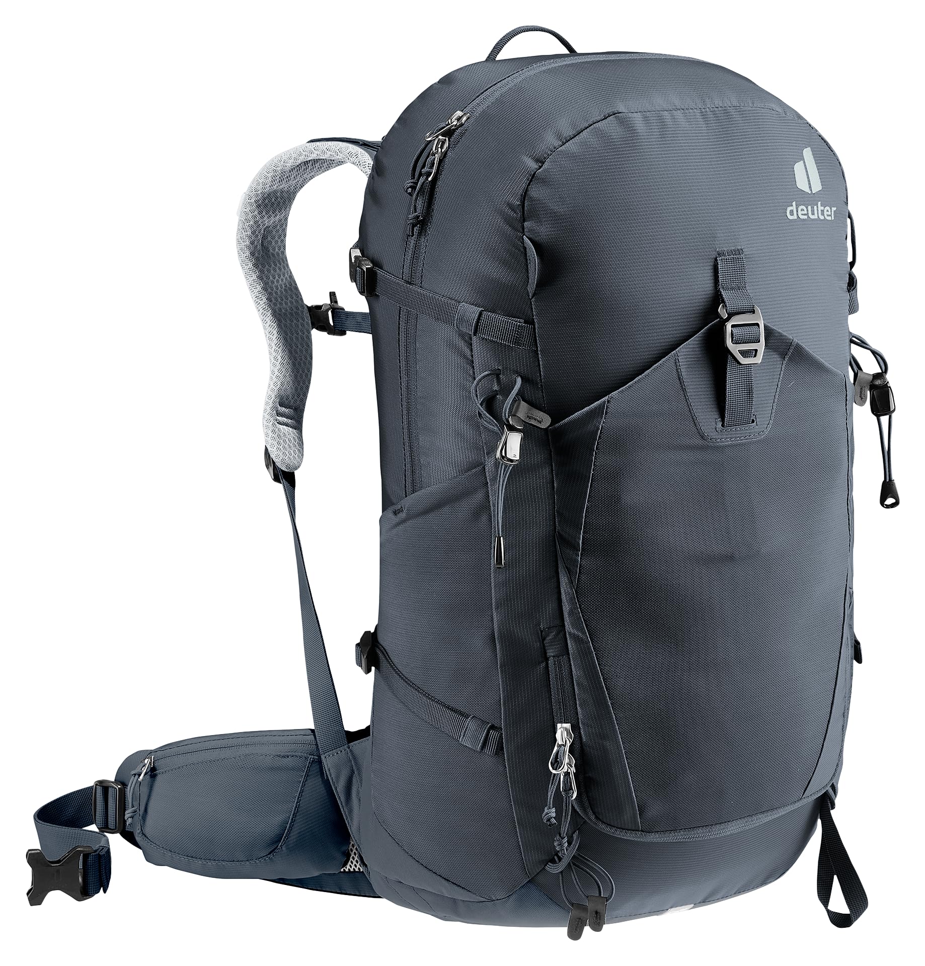 Deuter Trail Pro 31 SL adjustable chest strap with whistle for safety on routes.