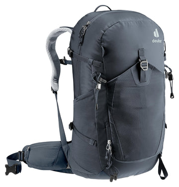 Deuter Trail Pro 31 SL adjustable chest strap with whistle for safety on routes.