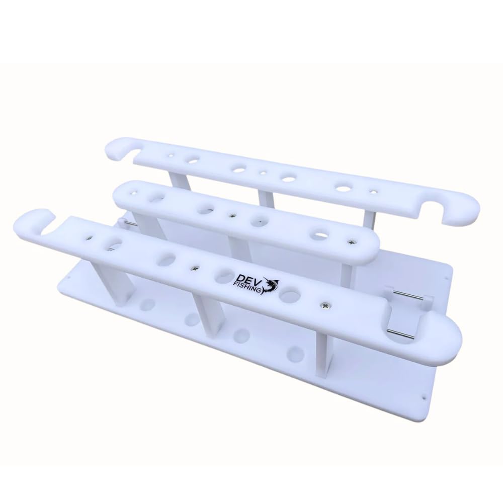 Dev Fishing fph16 straight pole rod rack with organized pole storage on a boat or dock.