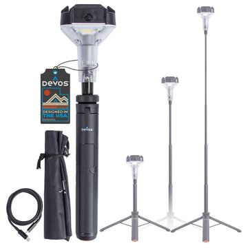 Devos LIGHTRANGER 800 Mini extended-height setup for wide campsite lighting.