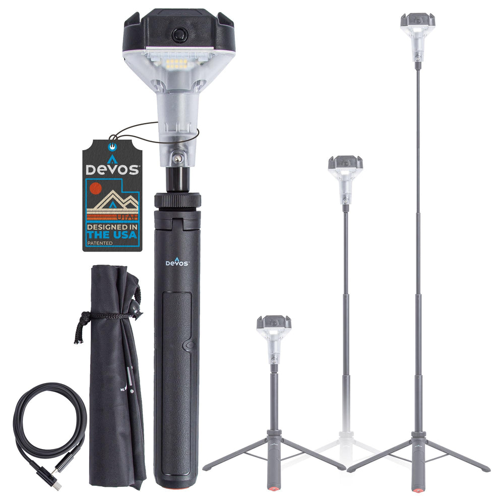 Devos LIGHTRANGER 800 Mini extended-height setup for wide campsite lighting.
