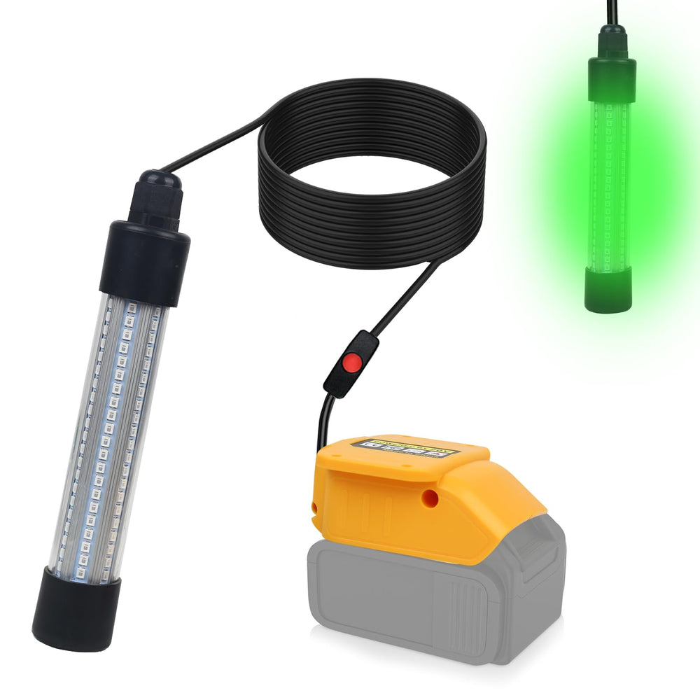 DeWalt 20V compatible underwater LED fishing light, 1300 lumens, green, close-up