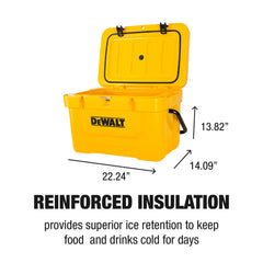 DEWALT 25 Qt cooler reinforced insulation provides extended ice retention for days.