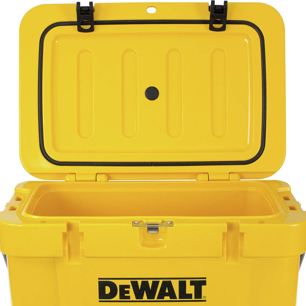 DEWALT 25 Qt cooler with metal handle enables easy lifting on-site or at outdoor events.