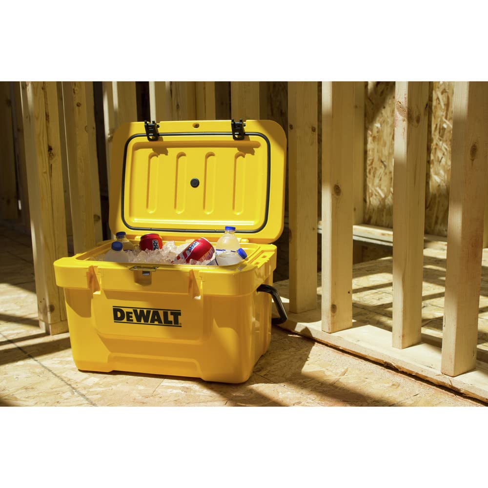 DEWALT 25 Qt cooler in yellow color stands out in outdoor settings.