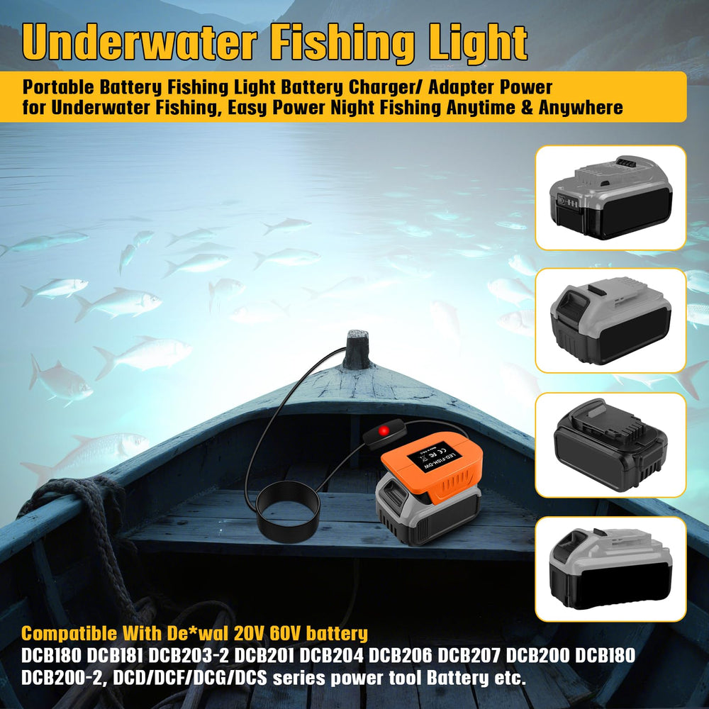 Underwater fishing light showing Dewalt battery compatibility