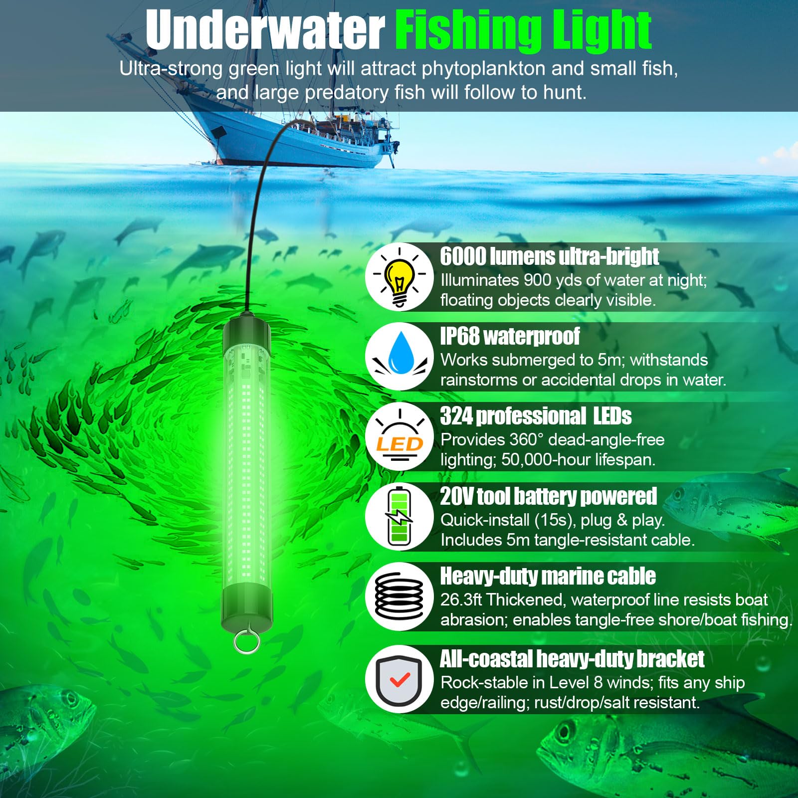 Dewalt 20V/60V battery-compatible underwater fishing light