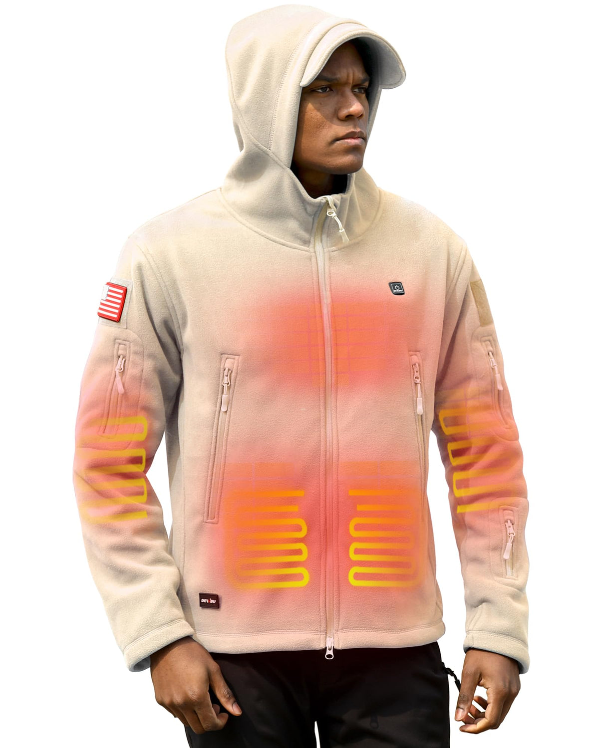 DEWBU heated jacket almond front view showing five heating zones for core warmth