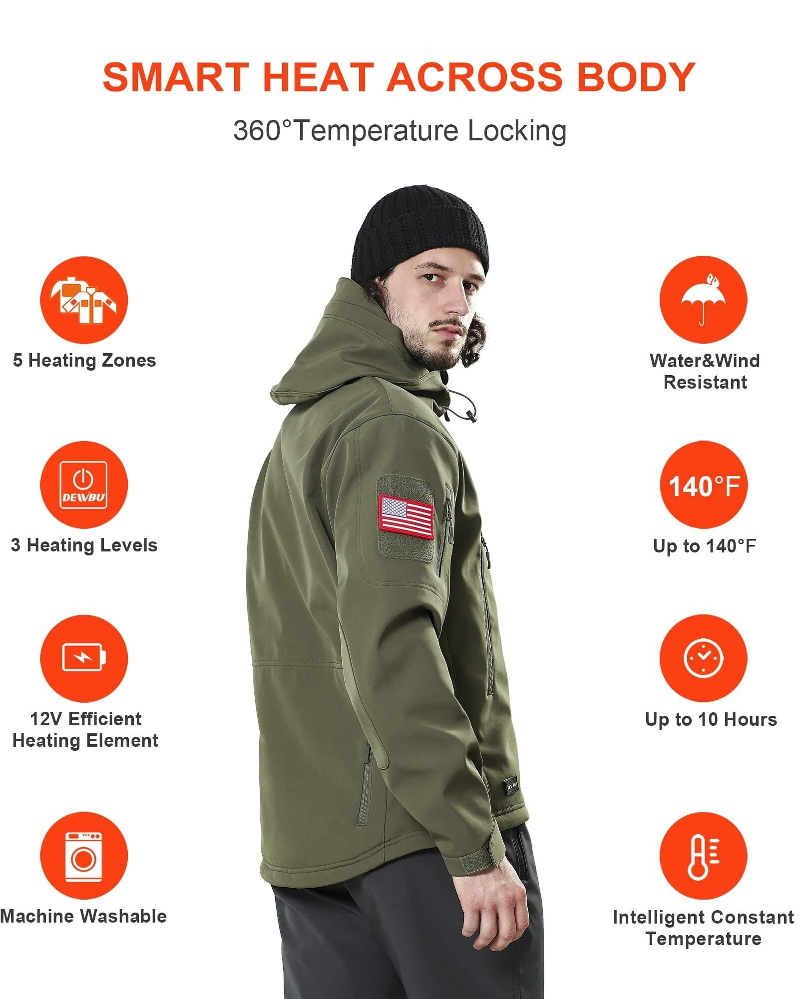 DEWBU heated jacket black camo front view with five heating zones and adjustable heat