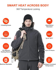 DEWBU heated jacket foldable hat detail adds compact warmth on the go.