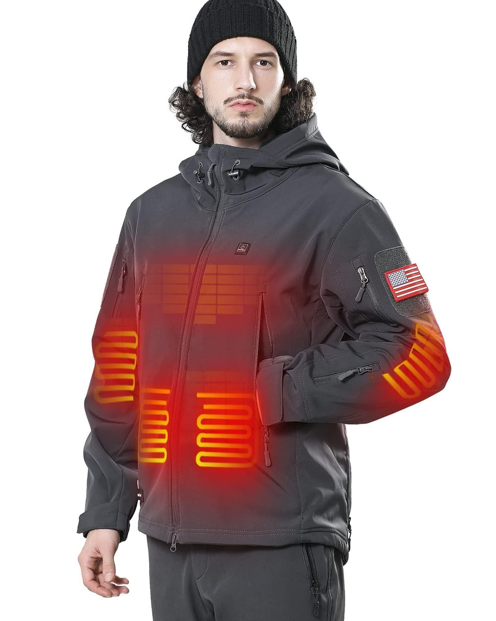 DEWBU heated jacket front view in grey shows five heating zones for core warmth.