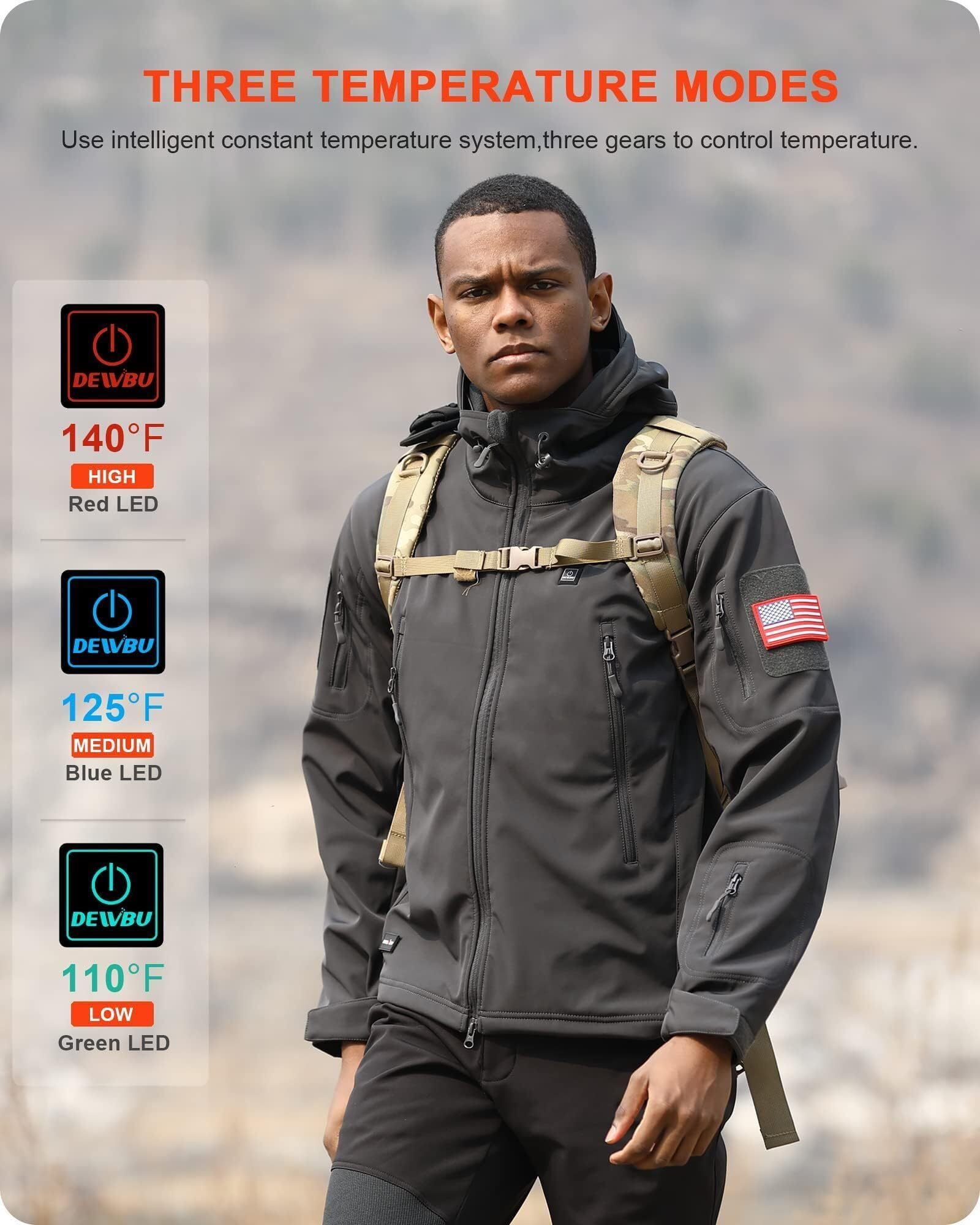 DEWBU heated jacket grey foldable hat detail for versatile wind protection.