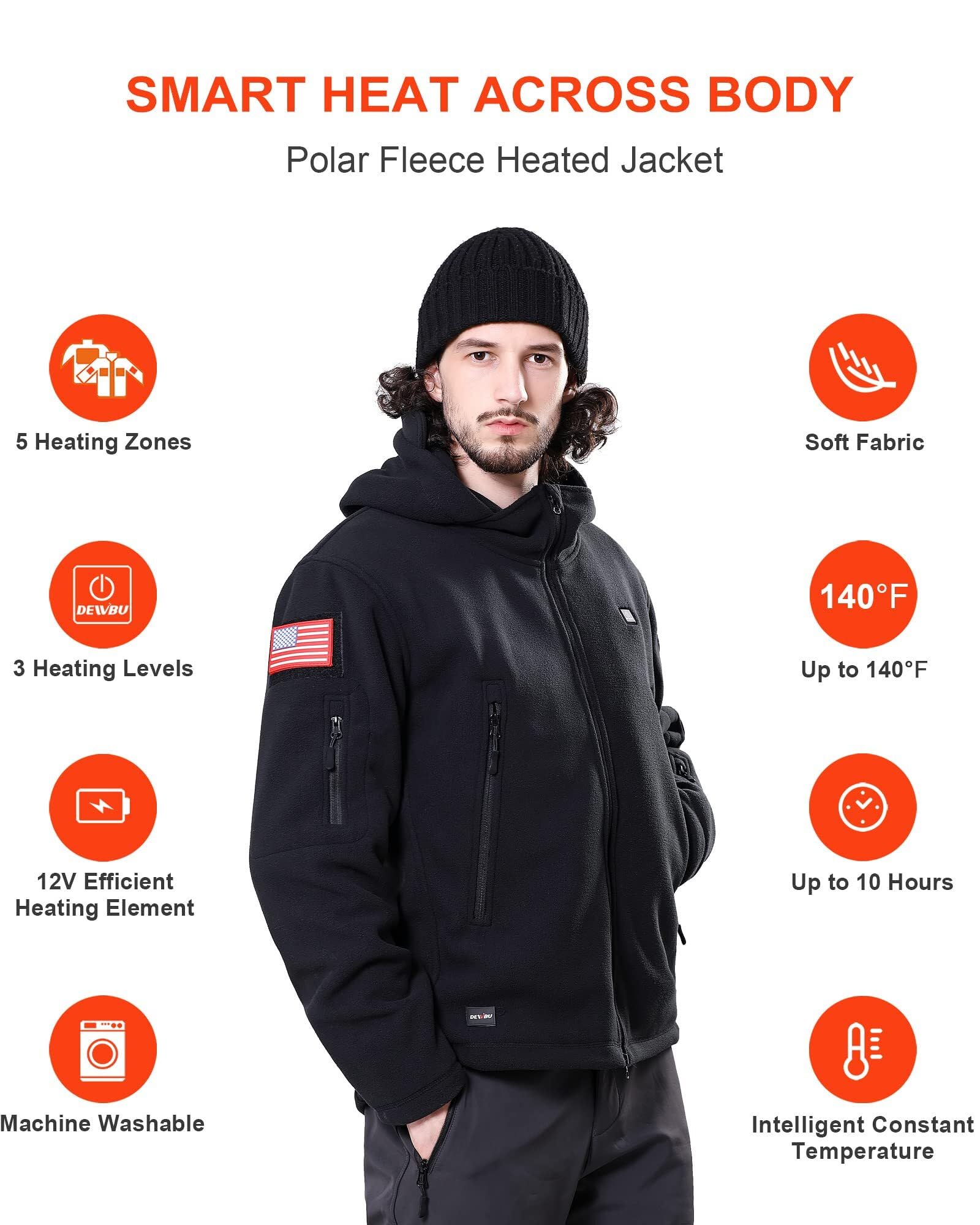 DEWBU polar fleece back view shows even heat distribution across the spine for steady warmth.