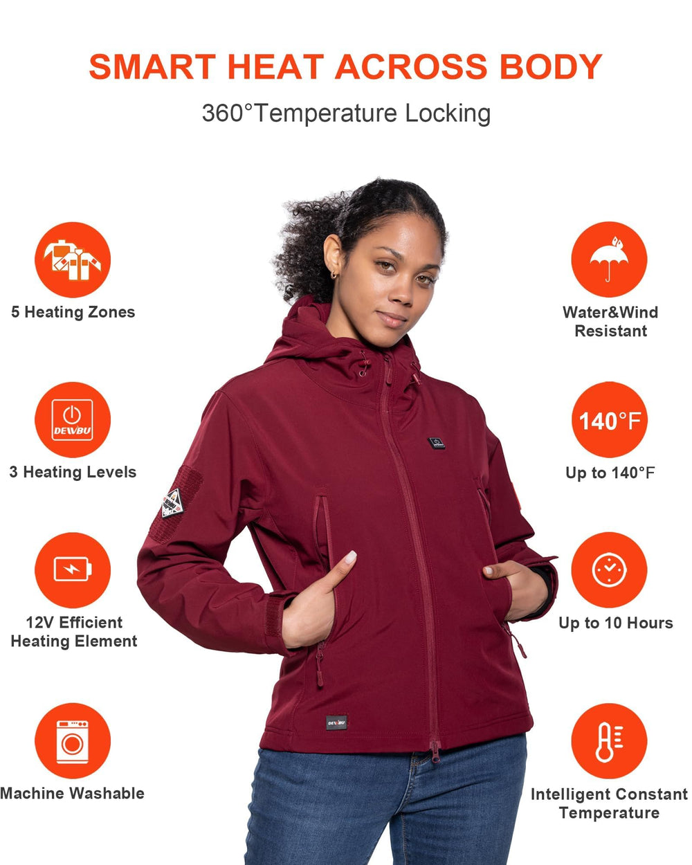 DEWBU heated jacket red back view demonstrates all-around heating coverage for winter outings.