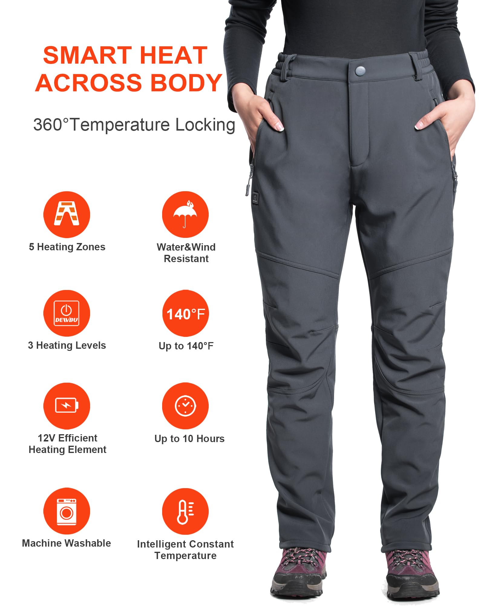 DEWBU thigh heating zones and pockets deliver targeted core and hand warmth.