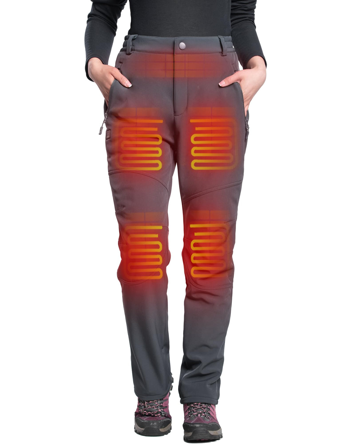 DEWBU heated pants women's grey front view highlight sleek design and everyday warmth.