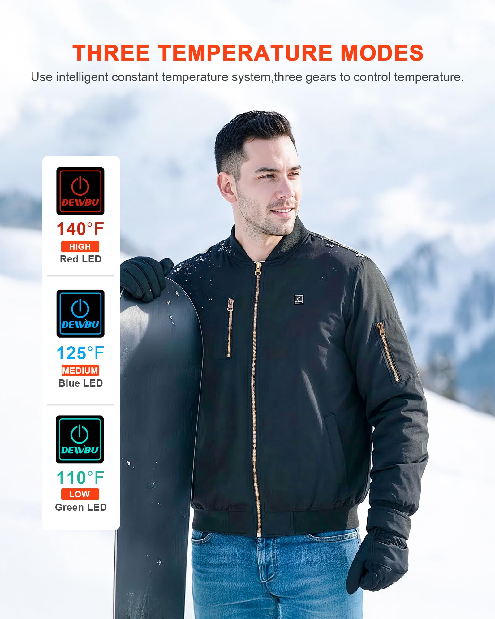 DEWBU heated jacket metal zipper detail showcases secure closure with practical pocket storage