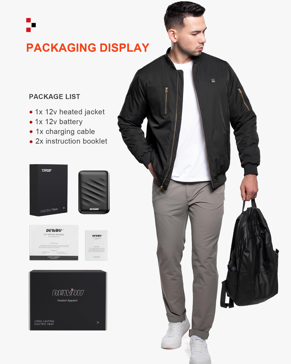 DEWBU heated jacket worn outdoors demonstrates reliable warmth during layered winter activities