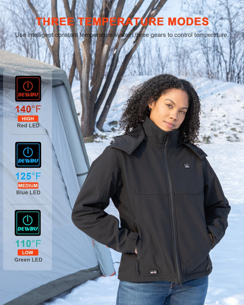 DEWBU Soft Shell Heated Jacket removable hood adds versatile weather protection