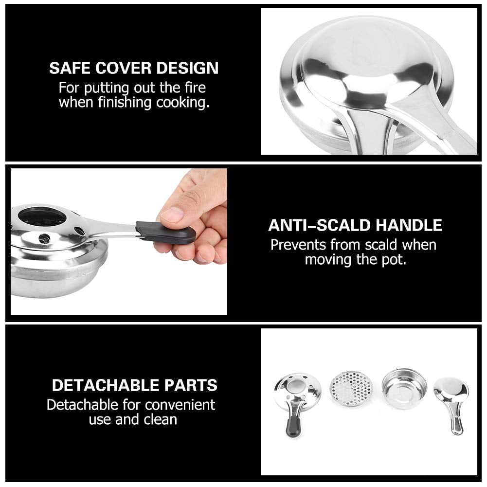 DEWIN Mini Stove safety cover illustration demonstrates quick flame extinguishment.